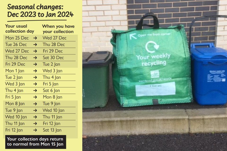 Table with adjusted collection dates and photo of recycling containers 