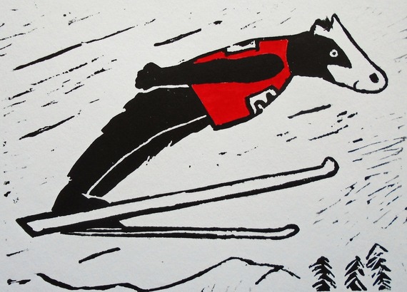 A vynl print of a festive badger ski jumping