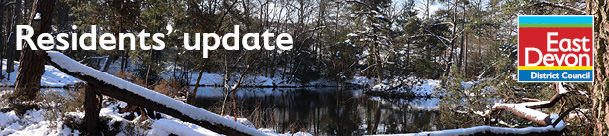 Snowy photo at Bystock Ponds. Residents' Update. East Devon District Council logo