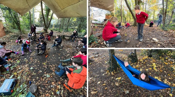 Collage of three photos of children at the Forest School