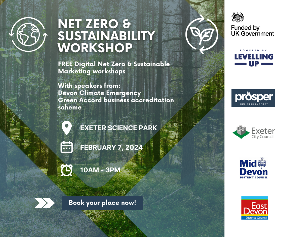 Free digital Net Zero and Sustainability Workshop with speakers from Devon Climate Emergency, Green Accord business accreditation scheme