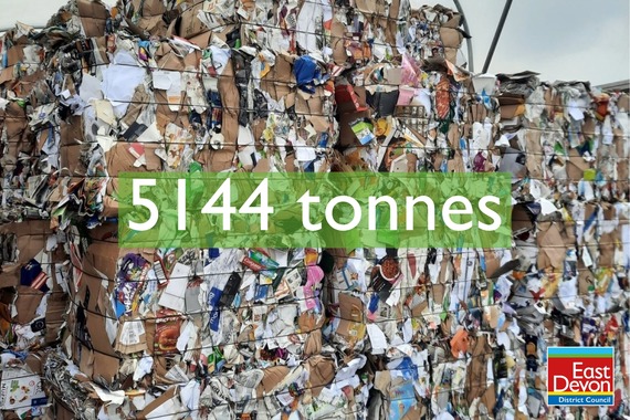 Photo of piles of cardboard stacked up with '5144 tonnes' and the East Devon District Council logo