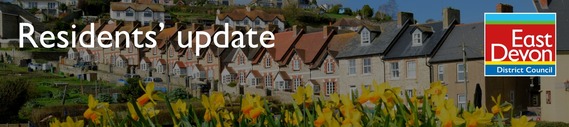 Residents' update. East Devon District Council logo. Photo of cottages in Beer, with daffodils in the foreground