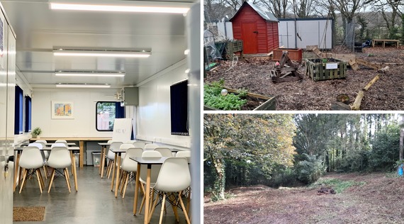Collage of photos of Honiton community woodland and cabin opportunity