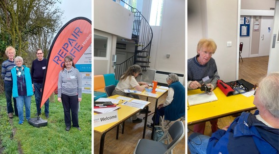 Collage of photos of the Honiton Repair Cafe team