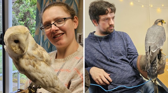 Photos of Alex Goodman and Andrew Bouchier with birds at East Devon Community Hubs