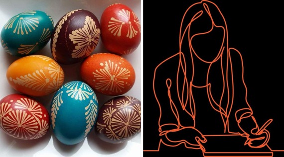 Left - photo of decorated eggs. Right - Illustration of a person drawing 