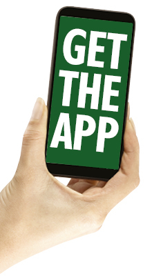 Hand holding phone with 'get the app' text on the screen