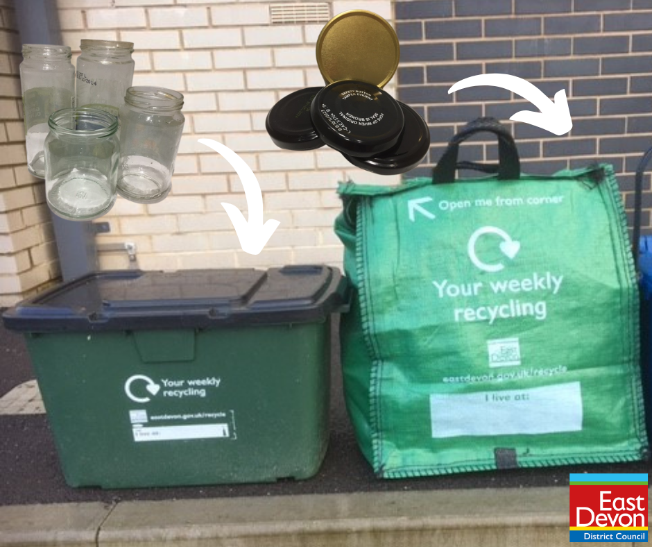 Picture of glass jars with an arrow to a recycling box, and lids with an arrow pointing to a recycling sack