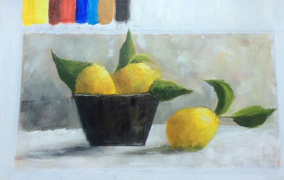 Still life oil painting of lemons