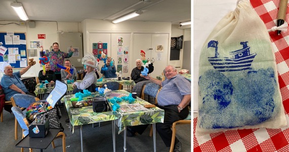 Photo of community hub attendees at a balloon modelling workshop and a photo of a bag with a design printed on it