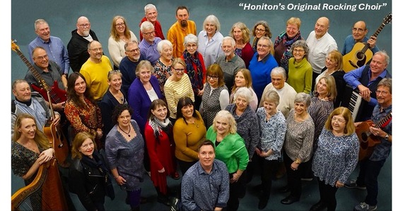 Group photo of the Sweet Honi Choir with the text Honiton's Original Rocking Choir