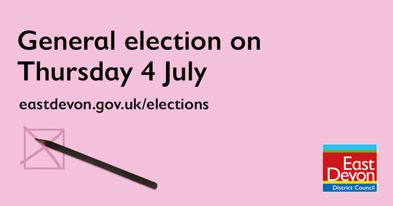General Election on Thursday 4 July. Graphic with a box with a cross in it and a pencil. eastdevon.gov.uk/elections