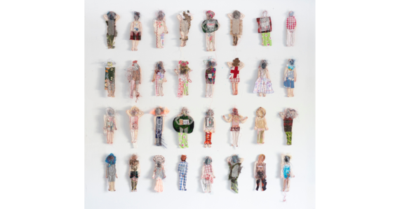 Cut from the same cloth by Jane Colquhoun - 4 rows/8 columns of dolls in different outfits