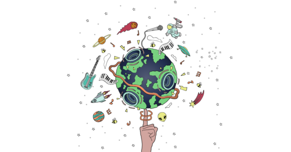 Illustration of the world spinning on a finger. The earth is surrounded by musical instruments, planets, musical instruments, aliens, bees, and more