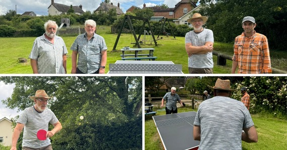 Collage of photos of the Gittisham ping pong table in action. Group photo of Bill Griffiths, Nick Chapman, Alasdair Bruce and Hamish Hall