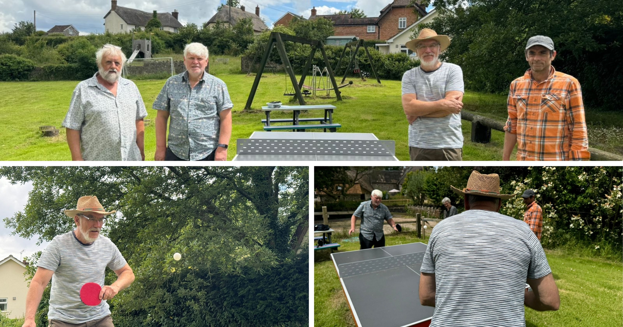 Collage of photos of the Gittisham ping pong table in action. L-R Bill Griffiths, Nick Chapman, Alasdair Bruce and Hamish Hall