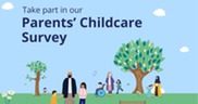 Take part in our parents' childcare survey. Families in a park illustrated