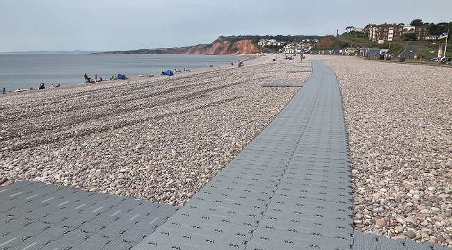 Accessible matting laid on Budleigh beach