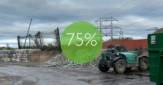 75% in a green circle. An outside area at a recycling facility, with a vehicle next to piles of rubbish