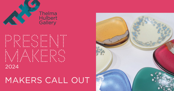 Thelma Hulbert Gallery Present Makers 2024 Makers call out. Dishes of different colours and with silver patterns on