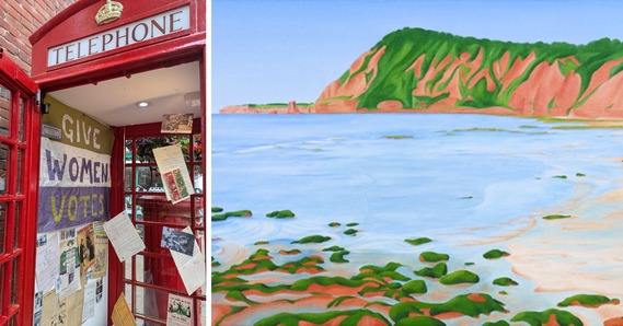 Left: Sufragettes exhibition in a telephone box. Right: billboard - View From Peak Hill