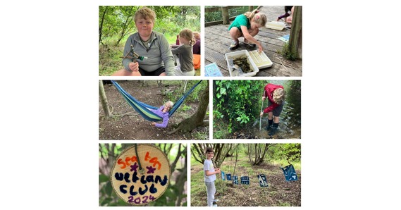 Collage of children taking part in outdoor activities at Seaton Wetlands' summer club