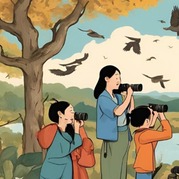 Illustration of an adult and two children with binoculars, birds fly in the sky