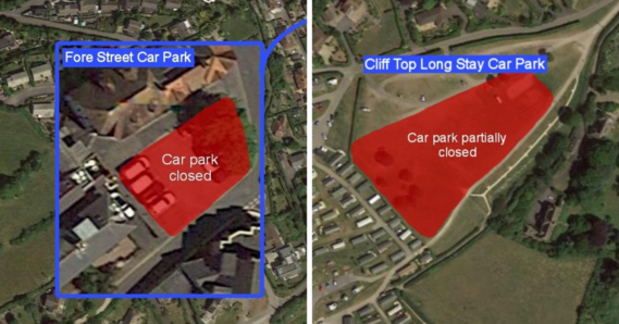 Labelled aerial view of Beer. Fore Street Car Park closed. Cliff top long stay car park partially closed.