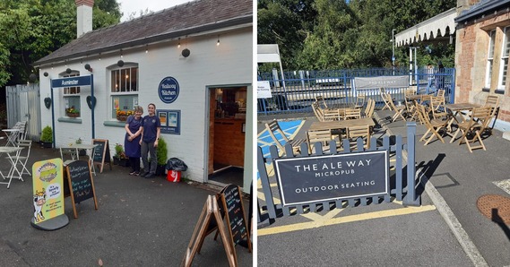 Exterior of businesses at Axminster Station the Railway Kitchen and The Ale Way