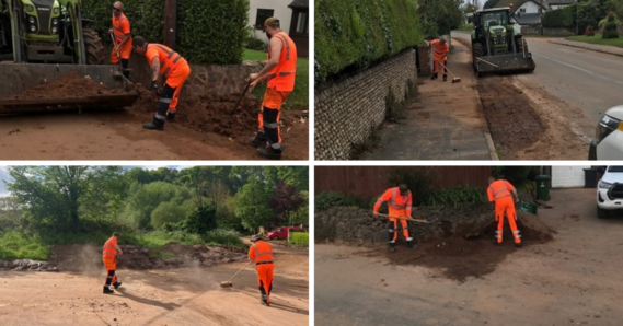 Collage of streetscene workers clearing up after flooding in East Devon