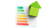 Energy efficiency chart A to G, from green to red. Green block house