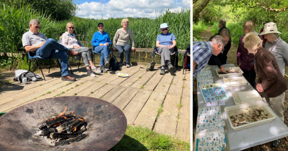 Age UK group enjoying campfire cooking and stream dipping at Seaton Wetlands