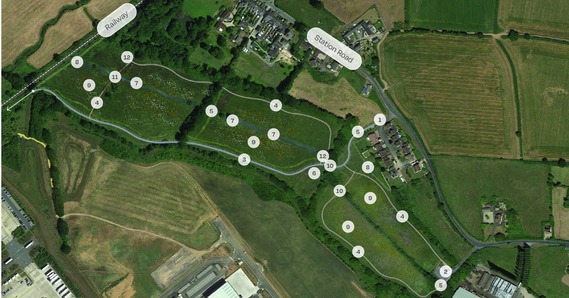 Map of the Clyst Meadows site, located between the railway line, Station Road, and London Road 