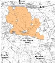 Map of the proposed new community location, between the A30 below Exeter Airport, and Crealy Theme Park