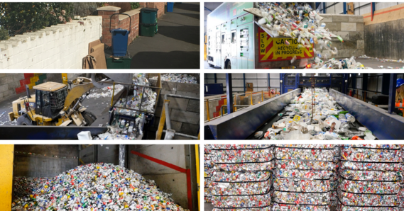 6 photos of the recycling process, from kerbside, to recycling vehicle, to sorting at the depot