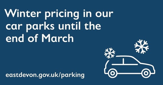 Winter pricing until the end of March. Illustration of a car and snowflakes. eastdevon.gov.uk/parking 