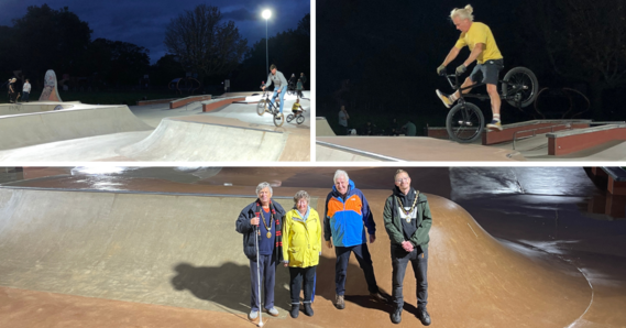 Phear Park skatepark lit up. Visitors, including BMX-er Keith Barlow, performing tricks. Group photo: Councillors Gazzard, Stott, Jung, and Whibley