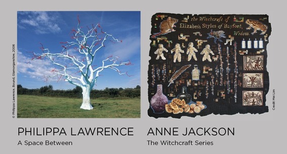 Philippa Lawrence: A Space Between (a tree in a field with material bound around branches) . Anne Jackson: The Witchcraft Artwork (tapestry)