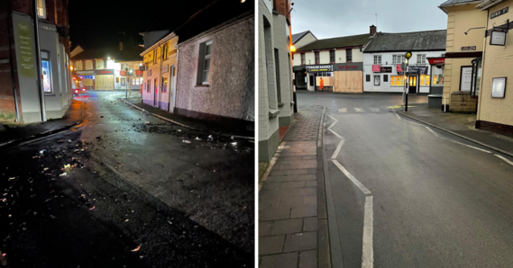 Before and after of Streetscene's clean up of Ottery St Mary following the Tar Barrels event