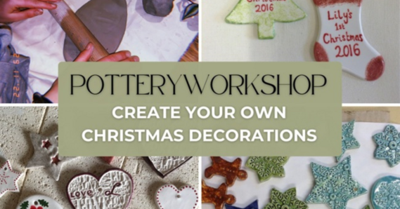 Pottery workshop create your own Christmas decorations. examples of festive pottery stars, hearts, stocking