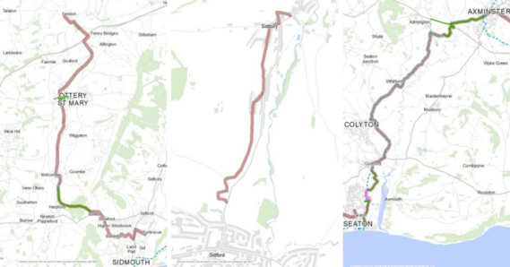 Maps of the three proposed cycle routes (Ottery Trail, Sidbury to Sidford, and Beer to Axminster and Uplyme