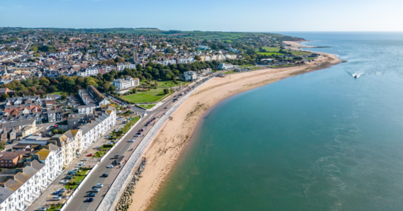 Aerial view of Exmouth seafront, Eastwards from Esplanade