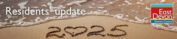 Residents' Update. 2025 drawn in sand on a beach, with the tide coming in. East Devon District Council logo.