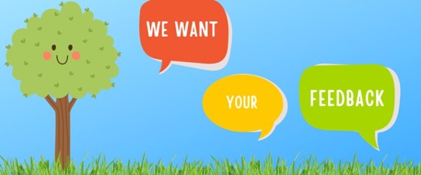 Tree with words saying we want your feedback