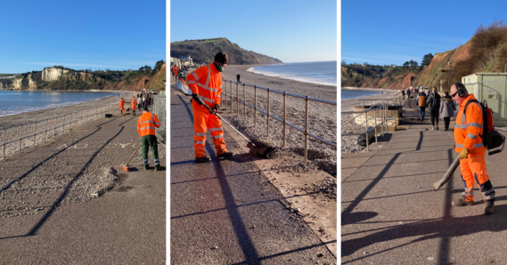 Collage of the Streetscene team sweeping pebbles and debris from Seaton promenade