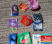 soft plastic wrappers including packets of crisps, biscuits, peas, and pasta