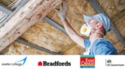 Person wearing a mask, fitting insulation. Exeter College, Bradford, EDDC, and UK Government logos.jpg
