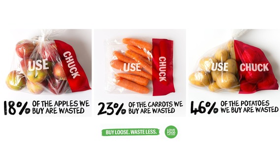 18% of apples, 23% carrots, 46% potatoes we buy are wasted. Buy loose. Waste less. Love Food Not Waste