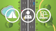 Illustration of a road with icons overlayed representing the variety of infrastructure that a new development requires